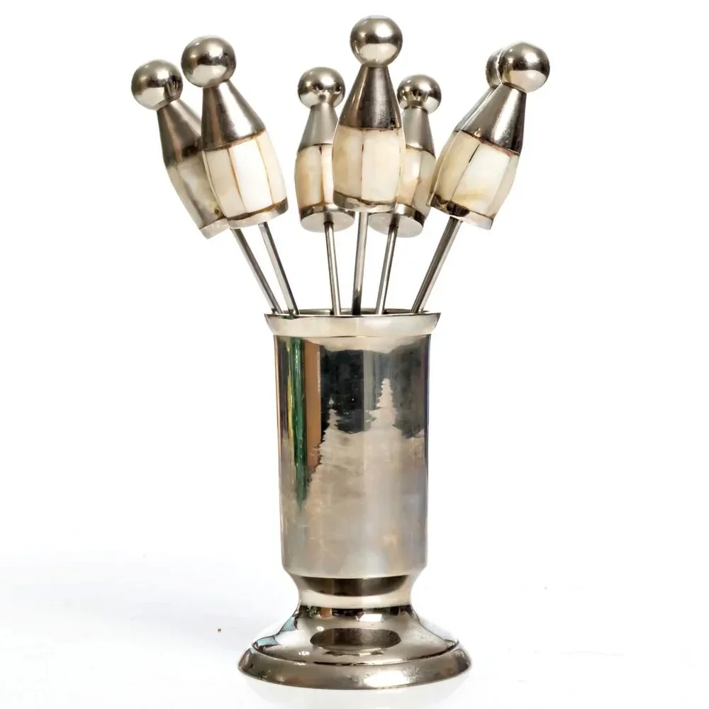 Vintage Set 7 Mother of Pearl & Nickel Hors D'Oeuvres Appetizer Picks w/Holder
